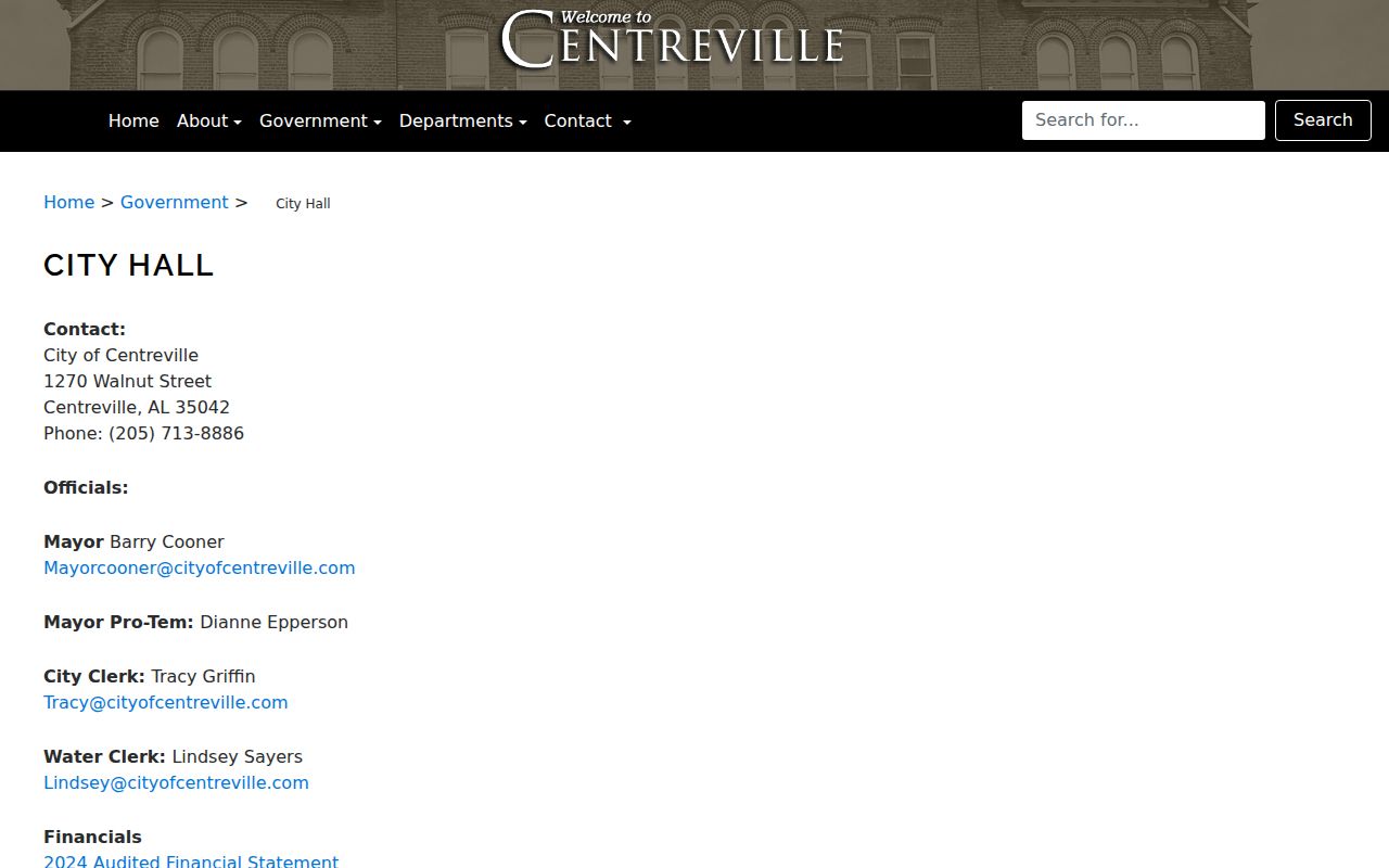 Centreville City Hall contact location for municipal court docket administration in Bibb County