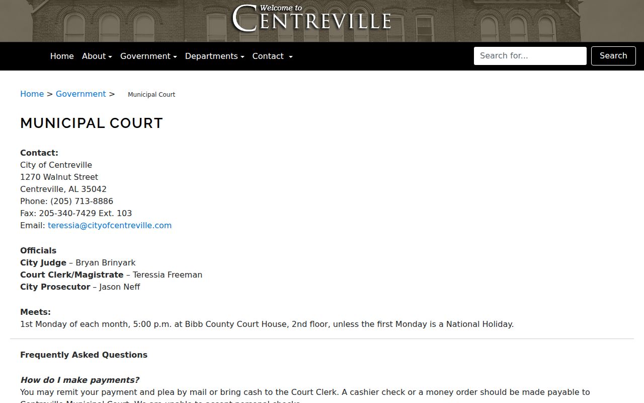Centreville Municipal Court schedule and court docket information in Bibb County