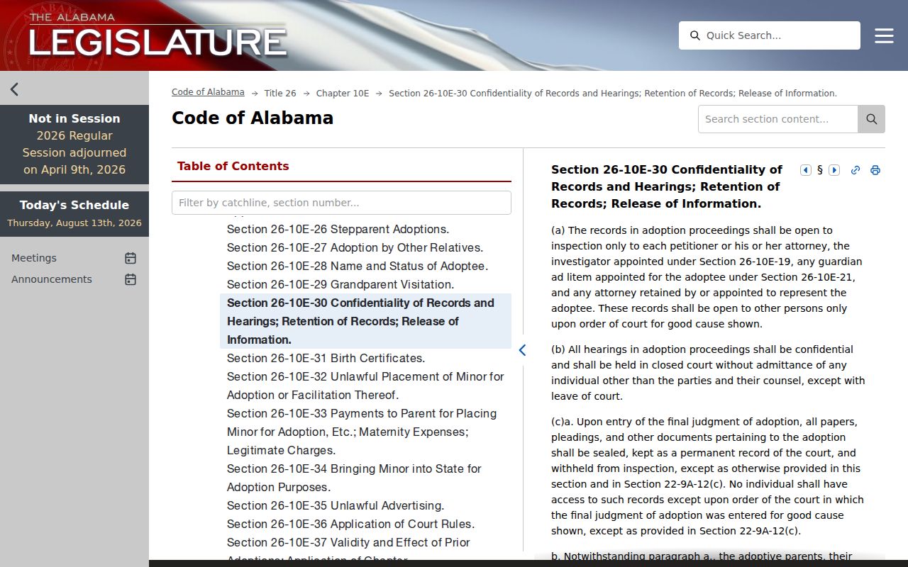 Alabama sealed record law relevant to Vance court record access